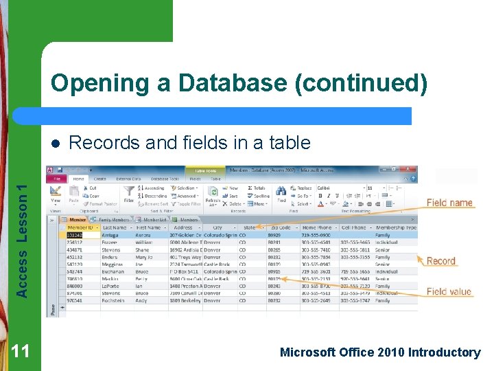 Opening a Database (continued) Records and fields in a table Access Lesson 1 l