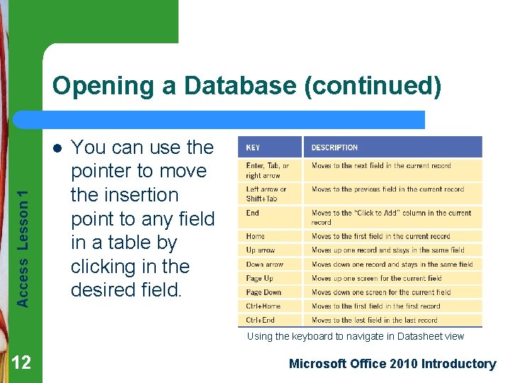 Opening a Database (continued) Access Lesson 1 l You can use the pointer to