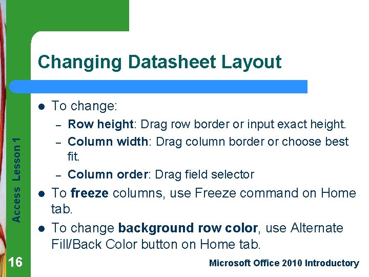 Changing Datasheet Layout l To change: Access Lesson 1 – – – l l