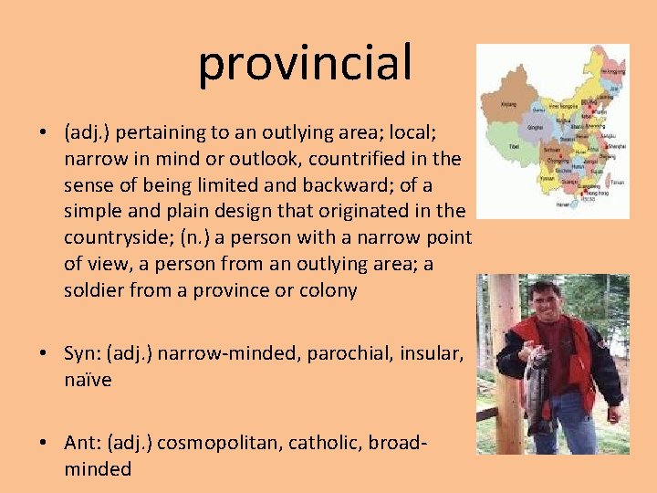 provincial • (adj. ) pertaining to an outlying area; local; narrow in mind or