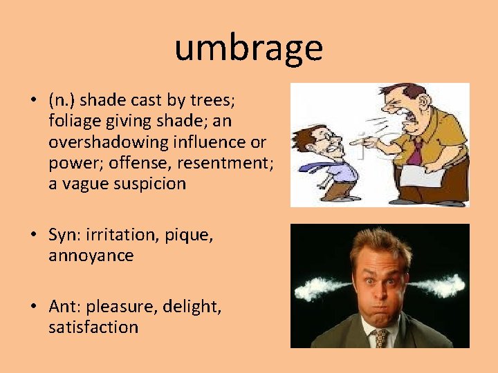 umbrage • (n. ) shade cast by trees; foliage giving shade; an overshadowing influence