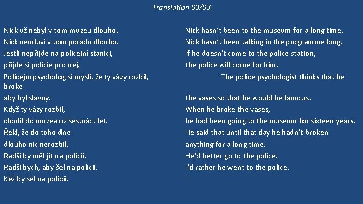 Translation 03/03 Nick už nebyl v tom muzeu dlouho. Nick nemluví v tom pořadu