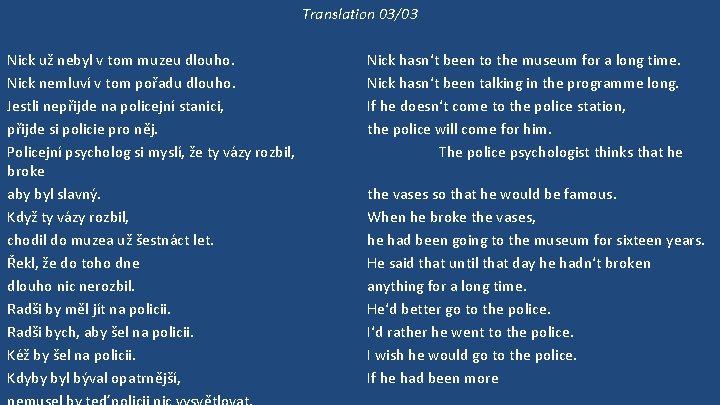 Translation 03/03 Nick už nebyl v tom muzeu dlouho. Nick nemluví v tom pořadu