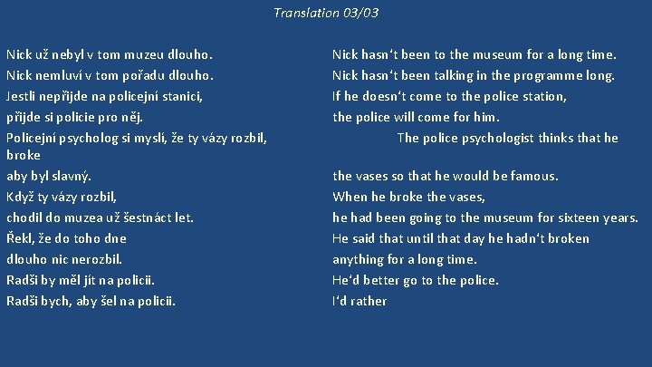 Translation 03/03 Nick už nebyl v tom muzeu dlouho. Nick nemluví v tom pořadu