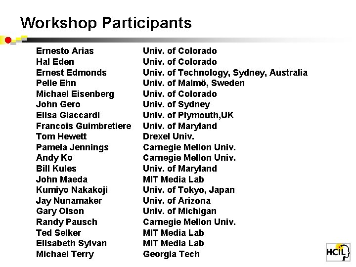 Workshop Participants Ernesto Arias Hal Eden Ernest Edmonds Pelle Ehn Michael Eisenberg John Gero