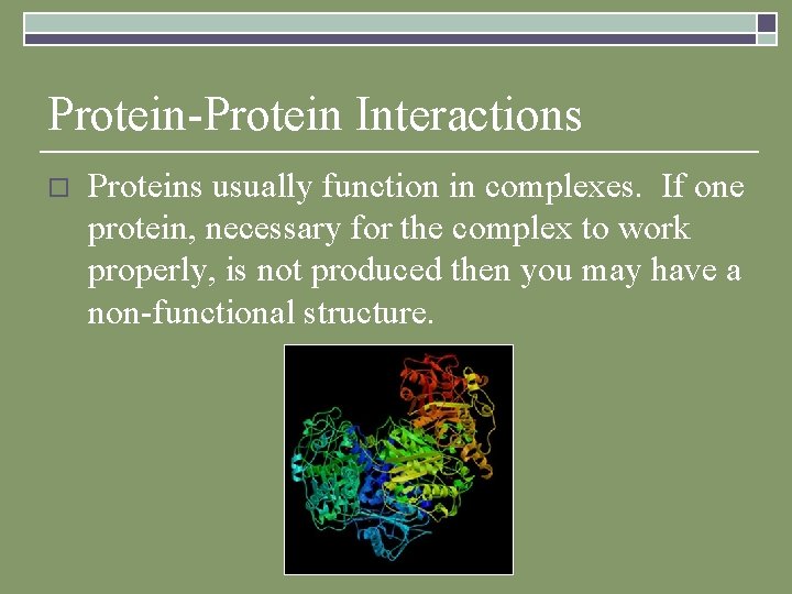 Protein-Protein Interactions o Proteins usually function in complexes. If one protein, necessary for the