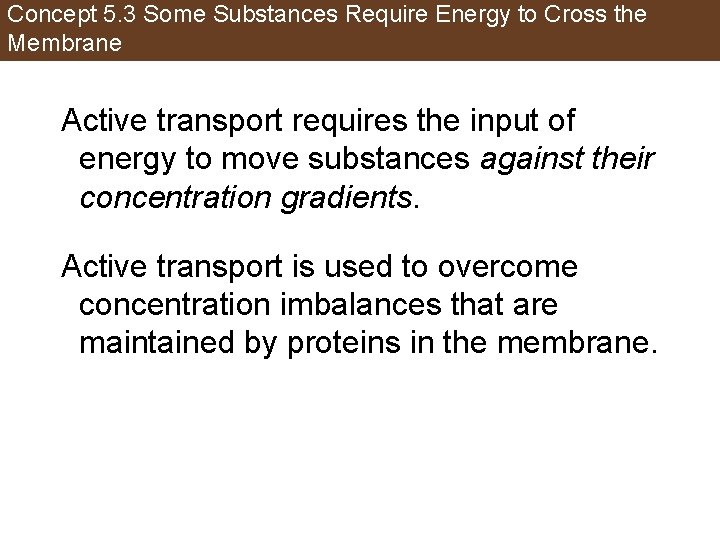 Concept 5. 3 Some Substances Require Energy to Cross the Membrane Active transport requires