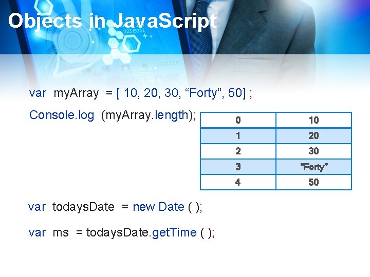 Objects in Java. Script var my. Array = [ 10, 20, 30, “Forty”, 50]