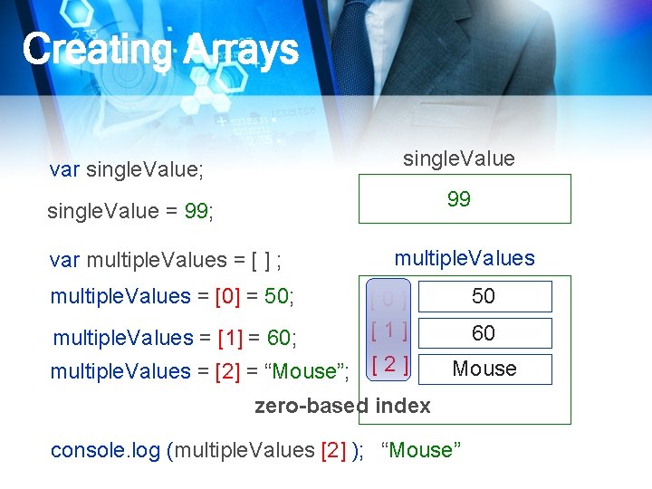 Creating Arrays single. Value var single. Value; 99 single. Value = 99; var multiple.