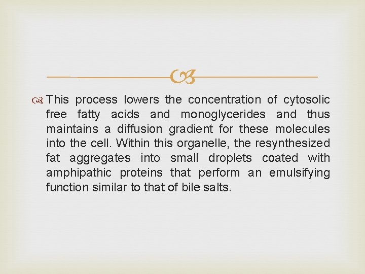  This process lowers the concentration of cytosolic free fatty acids and monoglycerides and
