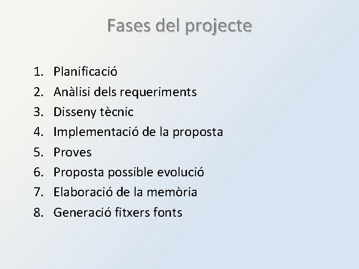 Fases del projecte 1. 2. 3. 4. 5. 6. 7. 8. Planificació Anàlisi dels