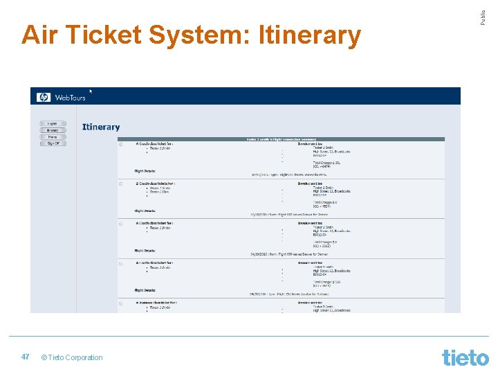 47 © Tieto Corporation Public Air Ticket System: Itinerary 