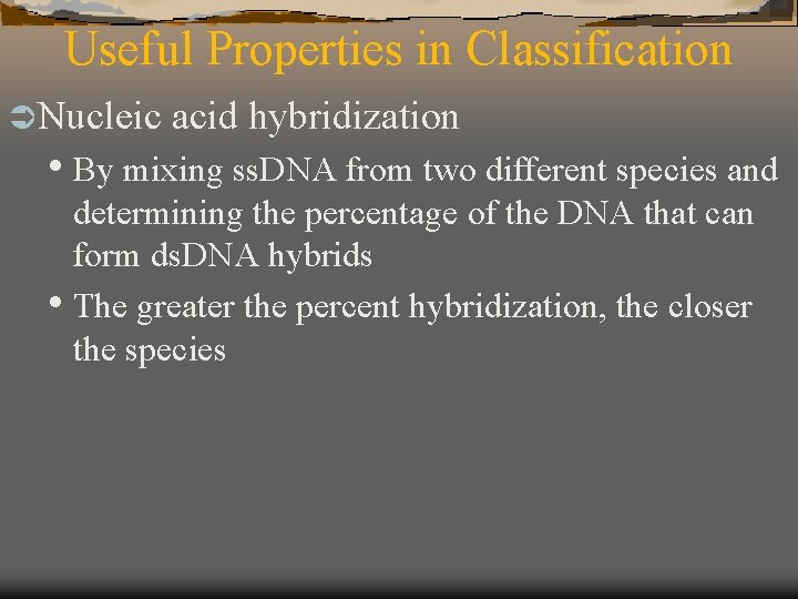 Useful Properties in Classification Ü Nucleic acid hybridization • By mixing ss. DNA from