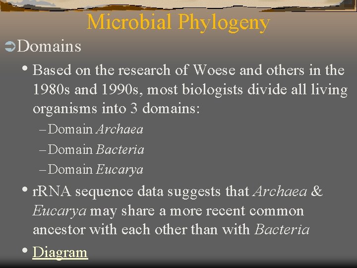 Microbial Phylogeny Ü Domains • Based on the research of Woese and others in