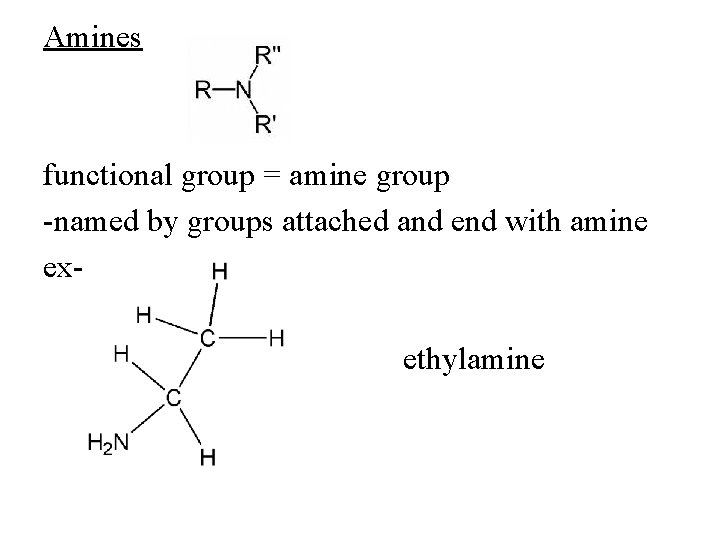 Amines functional group = amine group -named by groups attached and end with amine