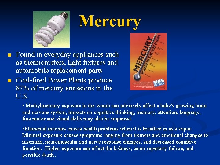 Mercury n n Found in everyday appliances such as thermometers, light fixtures and automobile