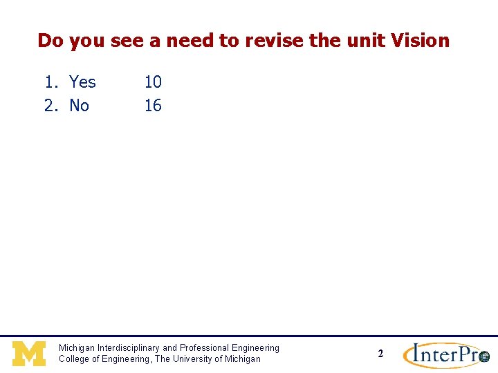 Do you see a need to revise the unit Vision 1. Yes 2. No