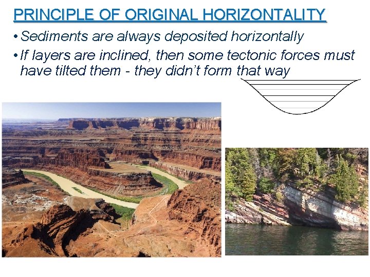 PRINCIPLE OF ORIGINAL HORIZONTALITY • Sediments are always deposited horizontally • If layers are