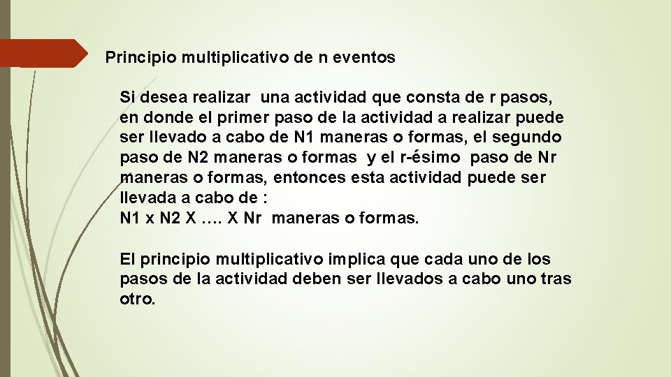 Principio multiplicativo de n eventos Si desea realizar una actividad que consta de r