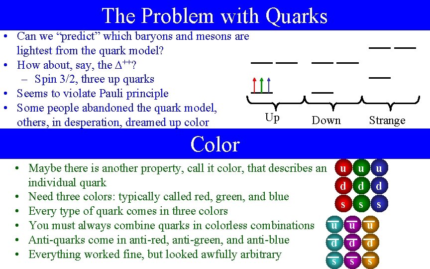 The Problem with Quarks • Can we “predict” which baryons and mesons are lightest