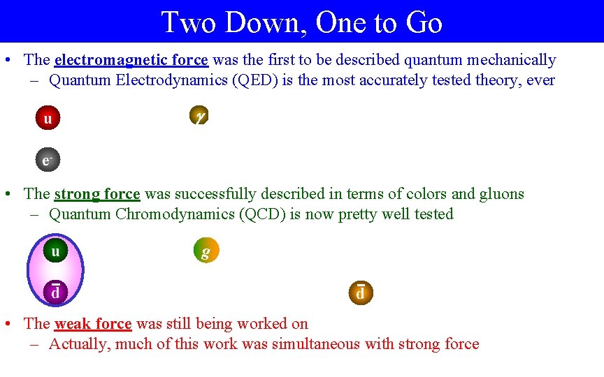 Two Down, One to Go • The electromagnetic force was the first to be