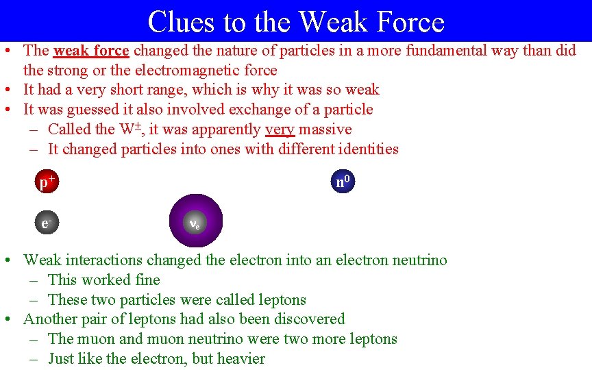 Clues to the Weak Force • The weak force changed the nature of particles