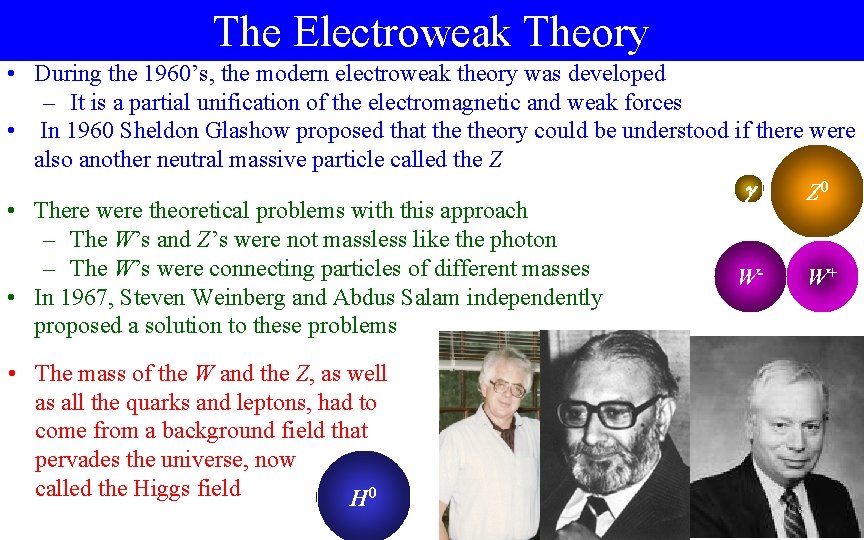 The Electroweak Theory • During the 1960’s, the modern electroweak theory was developed –