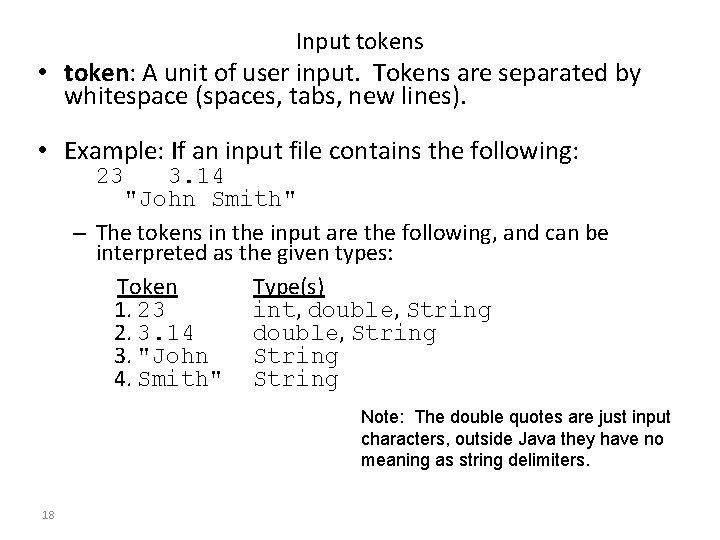 Input tokens • token: A unit of user input. Tokens are separated by whitespace Input tokens • token: A unit of user input. Tokens are separated by whitespace