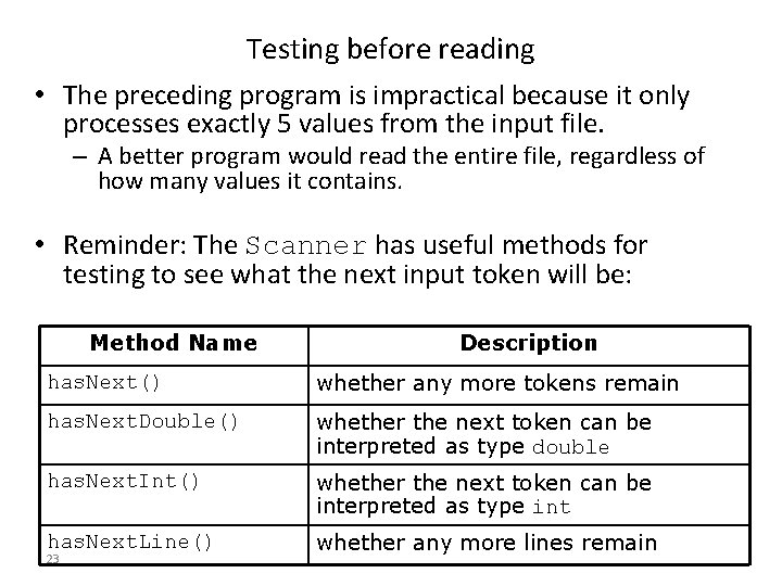 Testing before reading • The preceding program is impractical because it only processes exactly Testing before reading • The preceding program is impractical because it only processes exactly