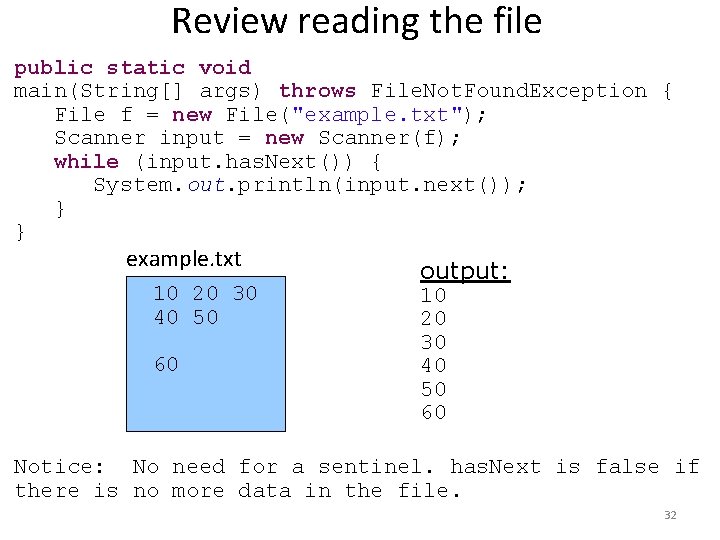 Review reading the file public static void main(String[] args) throws File. Not. Found. Exception