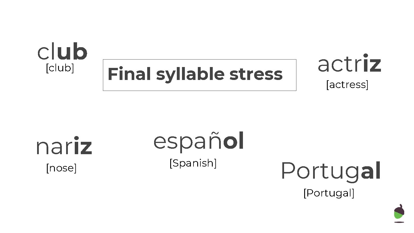 club [club] nariz [nose] Final syllable stress español [Spanish] actriz [actress] Portugal [Portugal] 