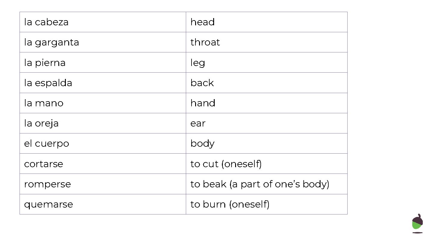 la cabeza head la garganta throat la pierna leg la espalda back la mano