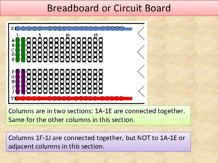 Breadboard or Circuit Board Columns are in two sections: 1 A-1 E are connected