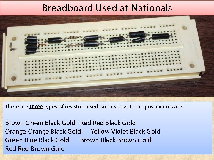 Breadboard Used at Nationals There are three types of resistors used on this board.