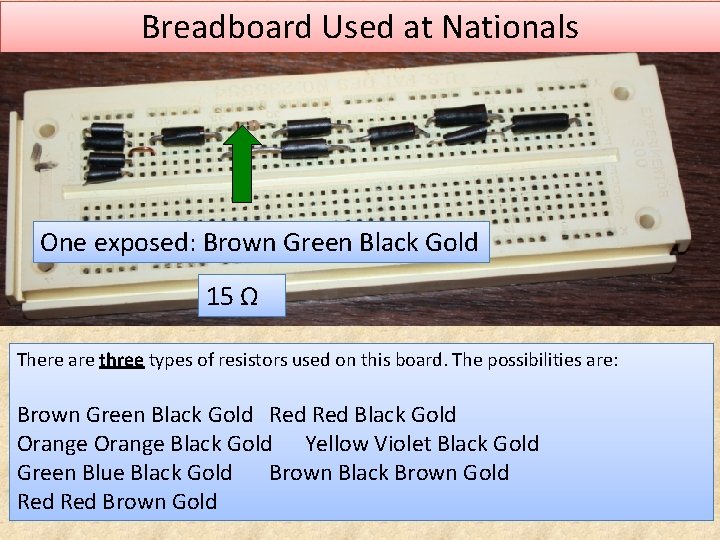 Breadboard Used at Nationals One exposed: Brown Green Black Gold 15 Ω There are