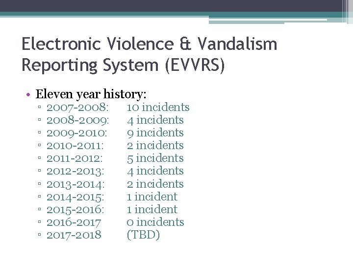 Electronic Violence & Vandalism Reporting System (EVVRS) • Eleven year history: ▫ ▫ ▫