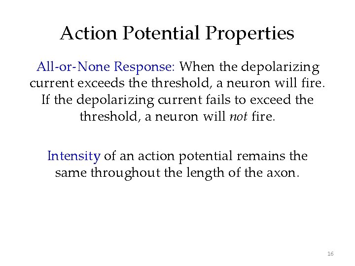 Action Potential Properties All-or-None Response: When the depolarizing current exceeds the threshold, a neuron