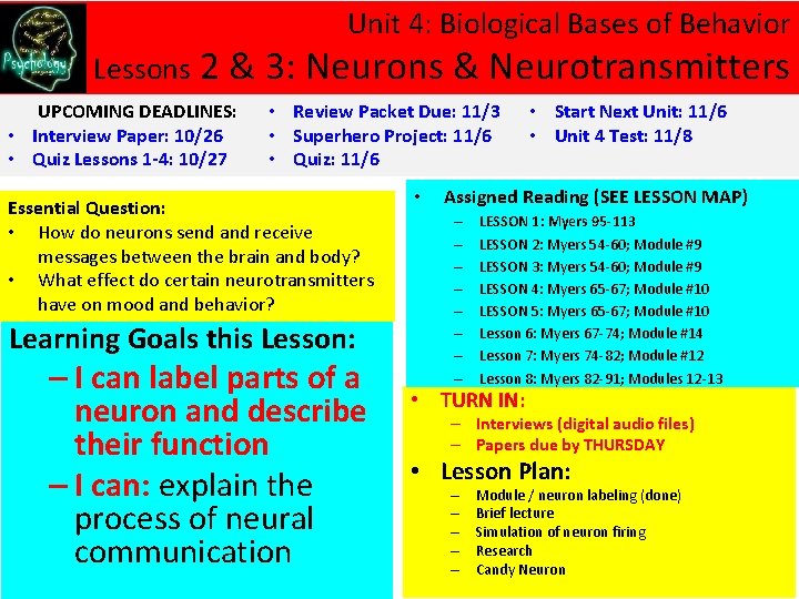 Unit 4: Biological Bases of Behavior Lessons 2 & 3: Neurons & Neurotransmitters UPCOMING