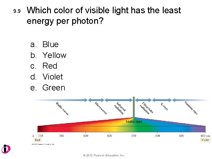 9. 9 Which color of visible light has the least energy per photon? a.