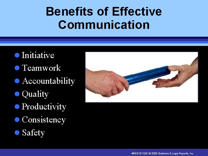 Benefits of Effective Communication l Initiative l Teamwork l Accountability l Quality l Productivity