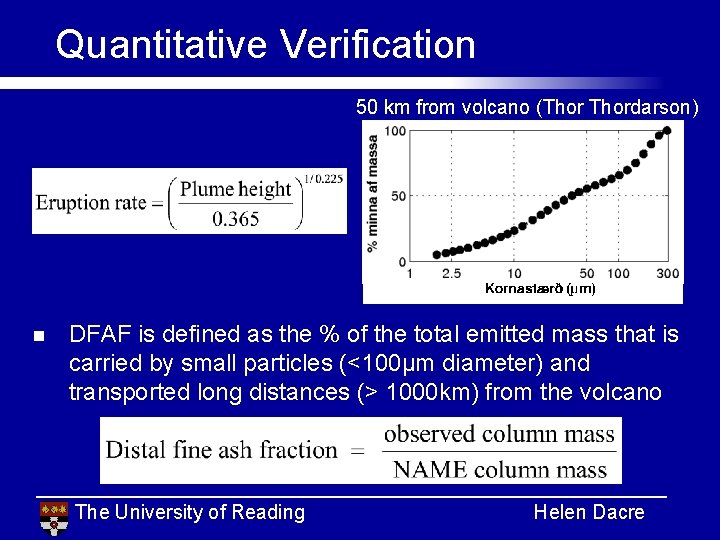 Quantitative Verification 50 km from volcano (Thordarson) n DFAF is defined as the %