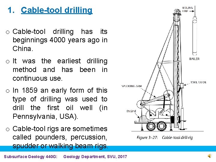 1. Cable-tool drilling o Cable-tool drilling has its beginnings 4000 years ago in China.