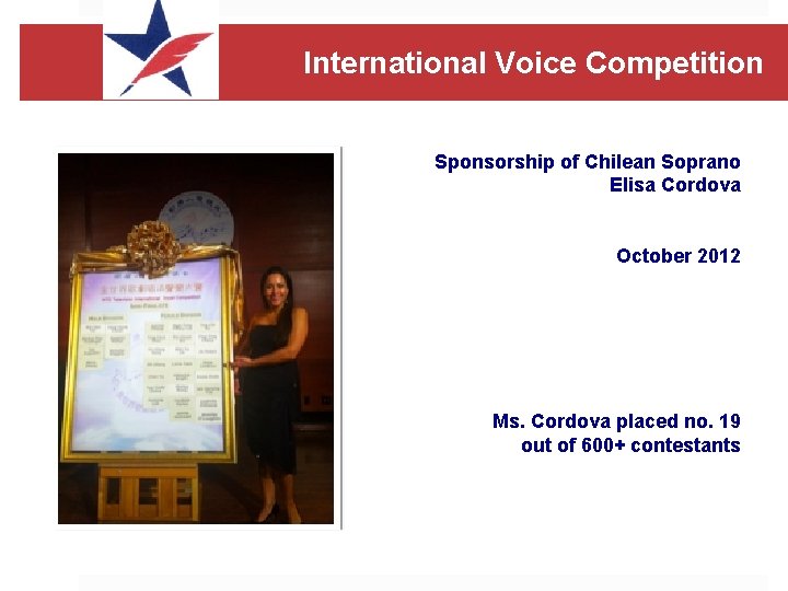 International Voice Competition Sponsorship of Chilean Soprano Elisa Cordova October 2012 Ms. Cordova placed
