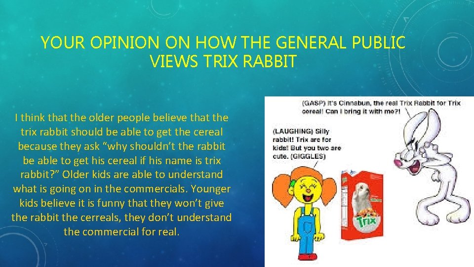YOUR OPINION ON HOW THE GENERAL PUBLIC VIEWS TRIX RABBIT I think that the