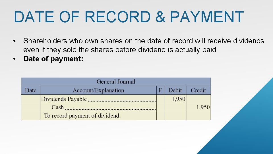 DATE OF RECORD & PAYMENT • • Shareholders who own shares on the date