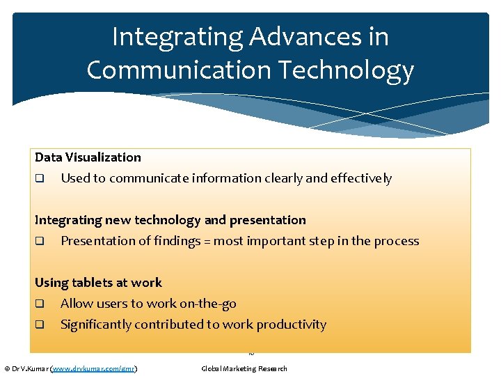 Integrating Advances in Communication Technology Data Visualization q Used to communicate information clearly and