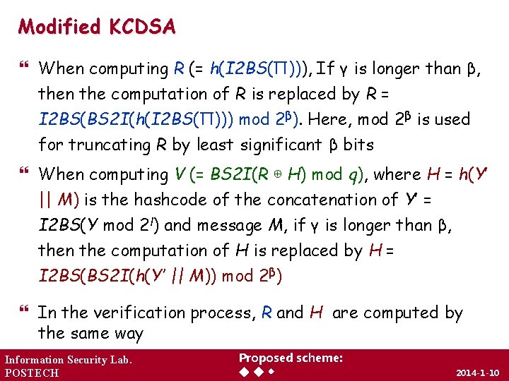 Modified KCDSA When computing R (= h(I 2 BS(Π))), If γ is longer than