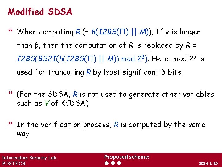Modified SDSA When computing R (= h(I 2 BS(Π) || M)), If γ is
