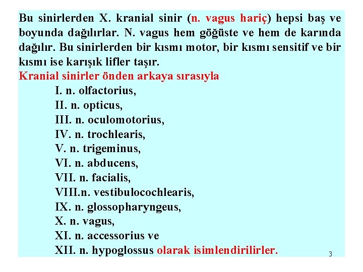 Bu sinirlerden X. kranial sinir (n. vagus hariç) hepsi baş ve boyunda dağılırlar. N.