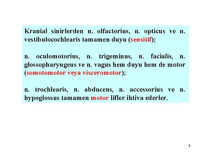 Kranial sinirlerden n. olfactorius, n. opticus ve n. vestibulocochlearis tamamen duyu (sensitif); n. oculomotorius,